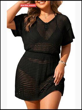 Plus Size Crochet Swimsuit Cover Up Short Sleeve Beach Dress
